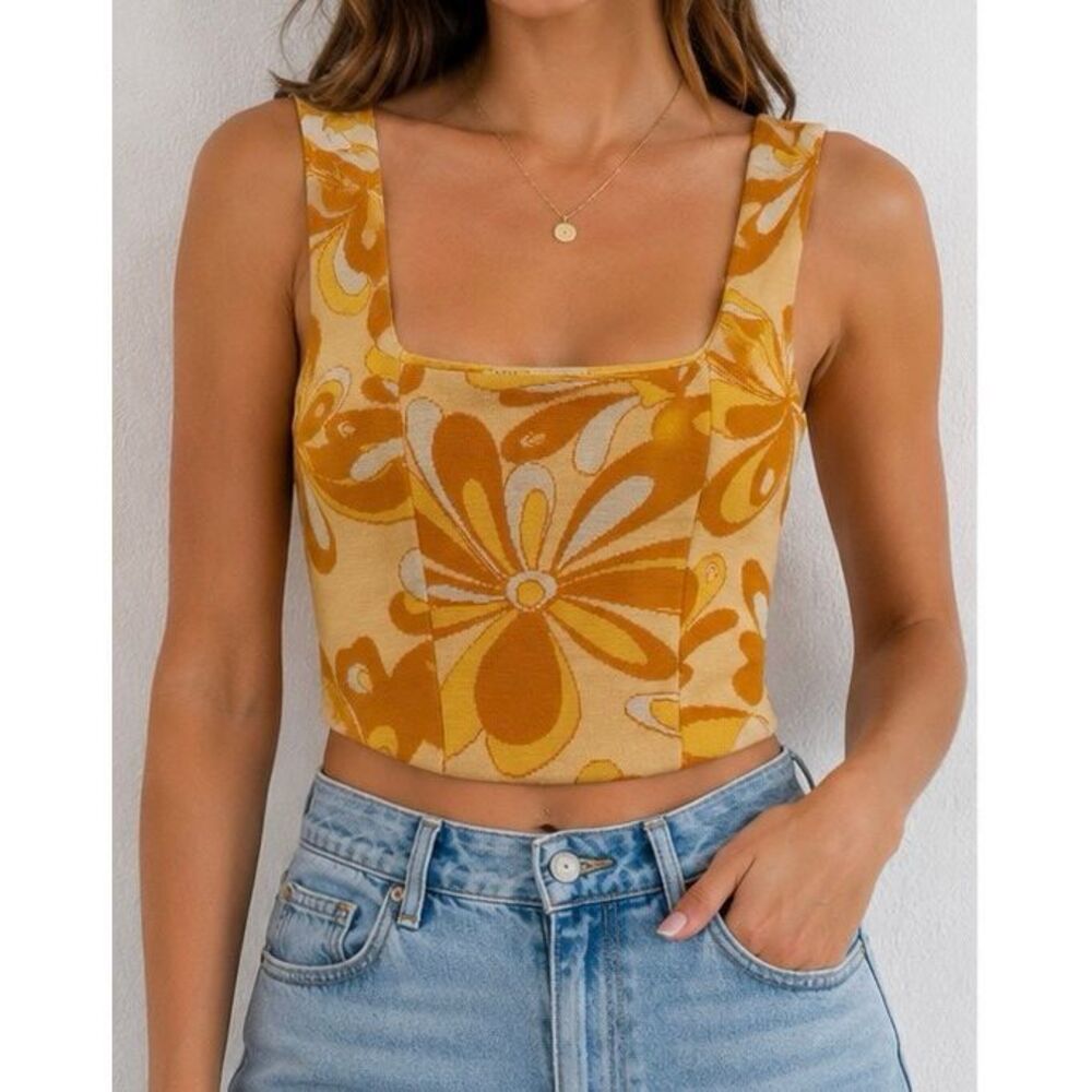 Zara Floral Knit Crop Tank Top Small Retro Y2K 70s Mod Sleeveless
